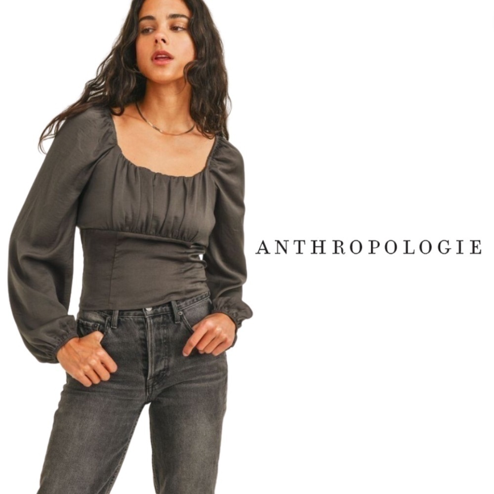 Anthropologie Sadie & Sage Satin Minute Stroll Smock Top Blouse Grey - Medium